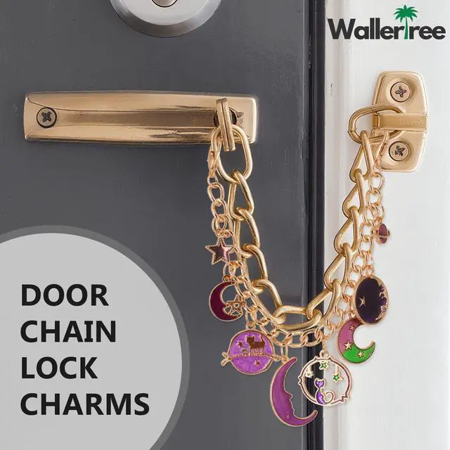 Alt view image 4 of 6 - Celestial Door Chain Lock Charms Gold Plated Decorative Bedazzled Chain with Crescent Moon, Star & Cat Pendants Funky Enamel Trinket for Home Decoration (Purple)