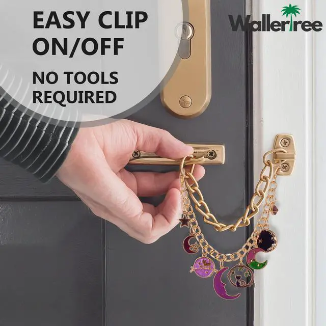 Alt view image 6 of 6 - Celestial Door Chain Lock Charms Gold Plated Decorative Bedazzled Chain with Crescent Moon, Star & Cat Pendants Funky Enamel Trinket for Home Decoration (Purple)