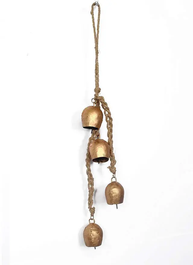 Main image of Iron Wrought Bell Chime Handmade Brass Finish Wall Hanging Rope 4 Bell