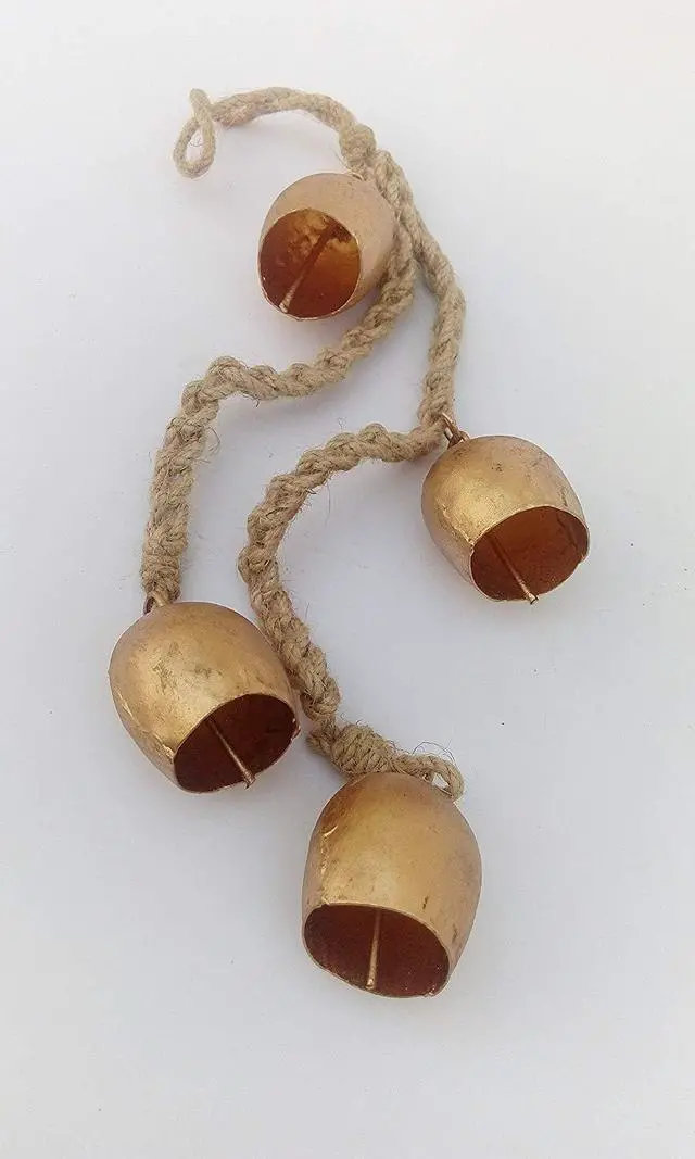 Alt view image 2 of 4 - Iron Wrought Bell Chime Handmade Brass Finish Wall Hanging Rope 4 Bell