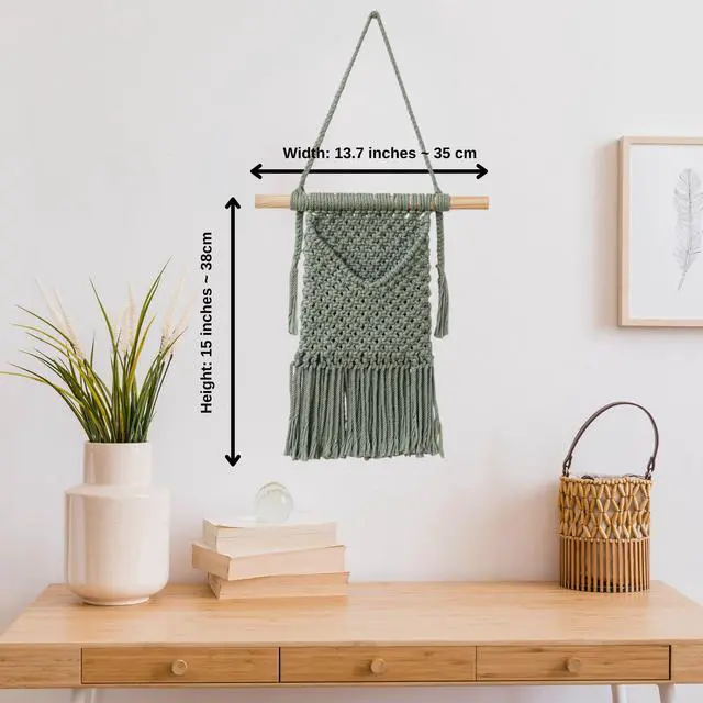 Alt view image 2 of 6 - Macrame Wall Hanging Basket Decor - Boho Wall Basket Decor - Large Wall Art - Mail Organizer Wall Mount - Key And Letter Holder For Wall - Sage Green 13 x 15 inches
