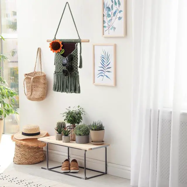 Alt view image 4 of 6 - Macrame Wall Hanging Basket Decor - Boho Wall Basket Decor - Large Wall Art - Mail Organizer Wall Mount - Key And Letter Holder For Wall - Sage Green 13 x 15 inches