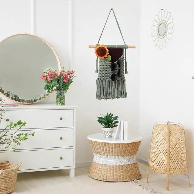 Alt view image 5 of 6 - Macrame Wall Hanging Basket Decor - Boho Wall Basket Decor - Large Wall Art - Mail Organizer Wall Mount - Key And Letter Holder For Wall - Sage Green 13 x 15 inches