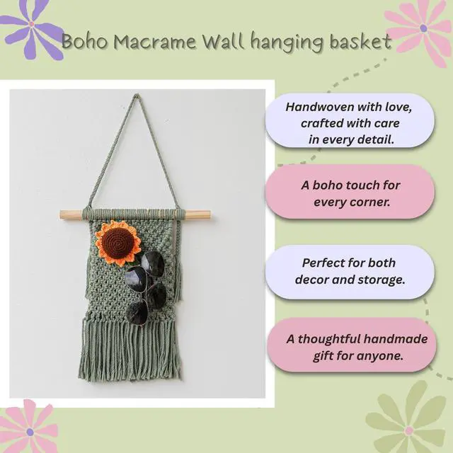 Alt view image 3 of 6 - Macrame Wall Hanging Basket Decor - Boho Wall Basket Decor - Large Wall Art - Mail Organizer Wall Mount - Key And Letter Holder For Wall - Sage Green 13 x 15 inches