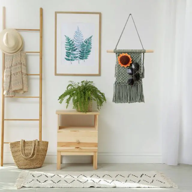Alt view image 6 of 6 - Macrame Wall Hanging Basket Decor - Boho Wall Basket Decor - Large Wall Art - Mail Organizer Wall Mount - Key And Letter Holder For Wall - Sage Green 13 x 15 inches