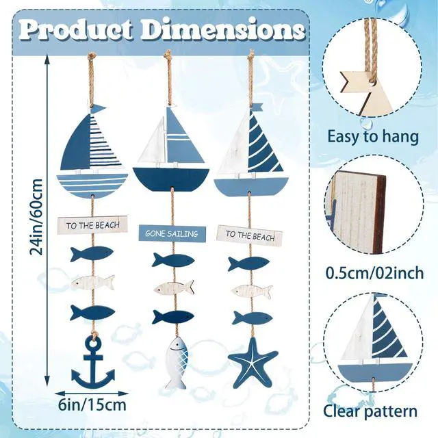 Alt view image 2 of 6 - 3 Pcs Wooden Anchor Hanging Decor Summer Ocean Sailboat Decor Blue Nautical Sailboat Hanging Ornament for Coastal Door Farmhouse Bathroom Bedroom, Party Decoration