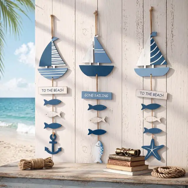 Main image of 3 Pcs Wooden Anchor Hanging Decor Summer Ocean Sailboat Decor Blue Nautical Sailboat Hanging Ornament for Coastal Door Farmhouse Bathroom Bedroom, Party Decoration