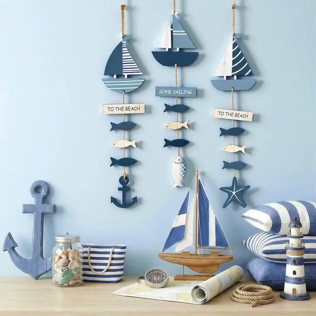 Alt view image 4 of 6 - 3 Pcs Wooden Anchor Hanging Decor Summer Ocean Sailboat Decor Blue Nautical Sailboat Hanging Ornament for Coastal Door Farmhouse Bathroom Bedroom, Party Decoration