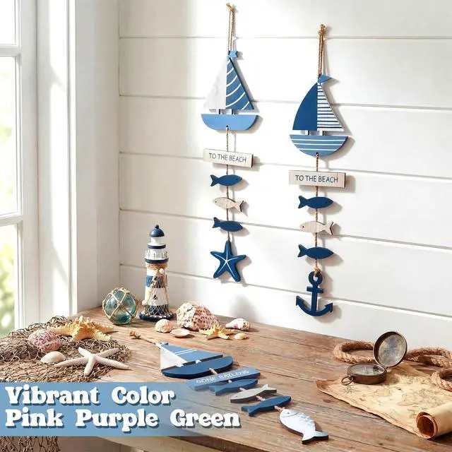 Alt view image 3 of 6 - 3 Pcs Wooden Anchor Hanging Decor Summer Ocean Sailboat Decor Blue Nautical Sailboat Hanging Ornament for Coastal Door Farmhouse Bathroom Bedroom, Party Decoration