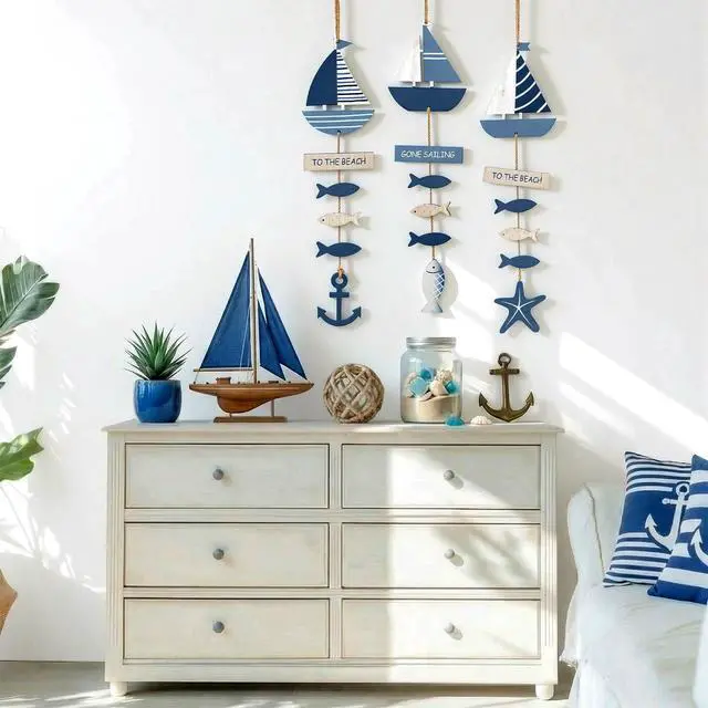 Alt view image 5 of 6 - 3 Pcs Wooden Anchor Hanging Decor Summer Ocean Sailboat Decor Blue Nautical Sailboat Hanging Ornament for Coastal Door Farmhouse Bathroom Bedroom, Party Decoration