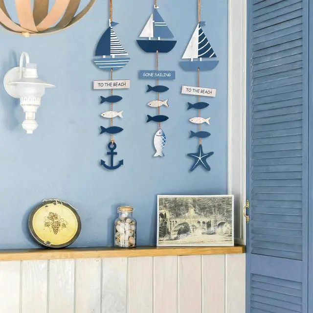 Alt view image 6 of 6 - 3 Pcs Wooden Anchor Hanging Decor Summer Ocean Sailboat Decor Blue Nautical Sailboat Hanging Ornament for Coastal Door Farmhouse Bathroom Bedroom, Party Decoration