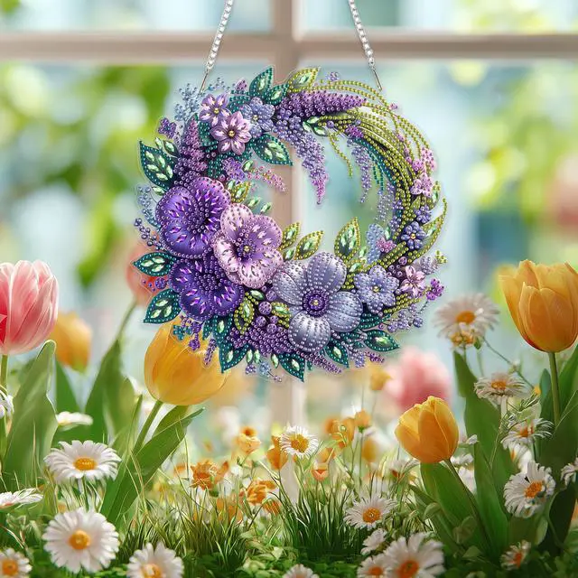 Alt view image 2 of 7 - Spring Diamond Art Hanging Kit for Adults, DIY Diamonds Painting Door Hanging Board Kit, Special Crystal Diamond Art Painting Pendant Ornament (Flower Wreath)