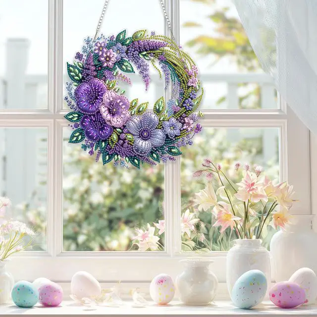 Alt view image 3 of 7 - Spring Diamond Art Hanging Kit for Adults, DIY Diamonds Painting Door Hanging Board Kit, Special Crystal Diamond Art Painting Pendant Ornament (Flower Wreath)