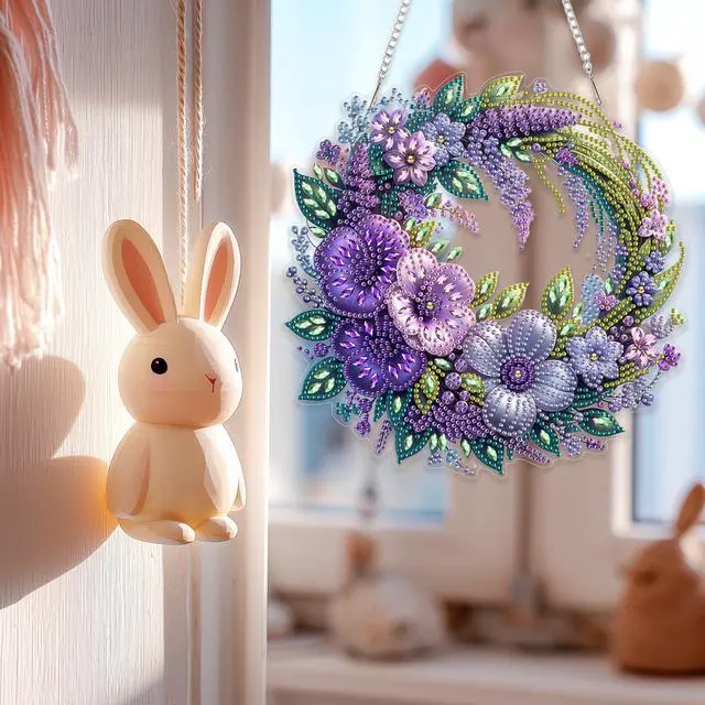 Alt view image 4 of 7 - Spring Diamond Art Hanging Kit for Adults, DIY Diamonds Painting Door Hanging Board Kit, Special Crystal Diamond Art Painting Pendant Ornament (Flower Wreath)