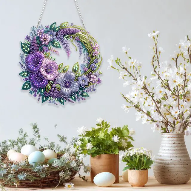Alt view image 6 of 7 - Spring Diamond Art Hanging Kit for Adults, DIY Diamonds Painting Door Hanging Board Kit, Special Crystal Diamond Art Painting Pendant Ornament (Flower Wreath)