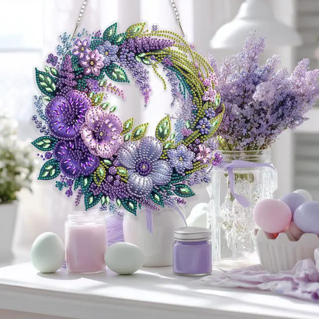 Alt view image 5 of 7 - Spring Diamond Art Hanging Kit for Adults, DIY Diamonds Painting Door Hanging Board Kit, Special Crystal Diamond Art Painting Pendant Ornament (Flower Wreath)