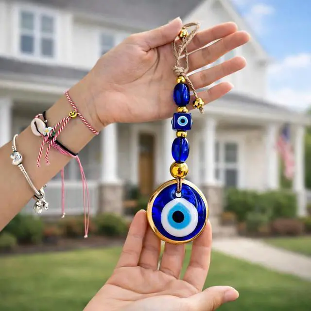 Alt view image 2 of 6 - 2.3" Turkish Evil Eye Decor Ornament Gold - Evil Eye Wall Hanging in a Box - Home Protection Charm Evil Eye Wall Decor - Turkish Nazar Amulet