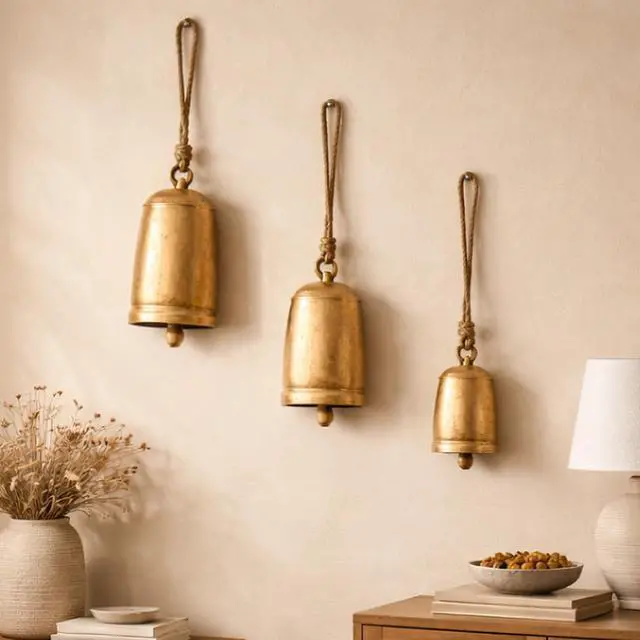 Alt view image 3 of 7 - Metal Cow Bells, Meditation Bell, Set of 3, 10", 7", 5"H, Gold