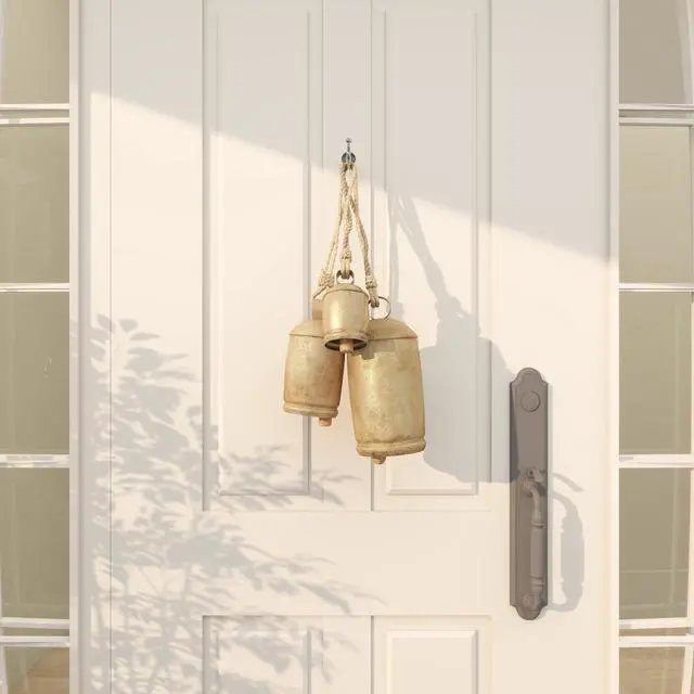 Alt view image 6 of 7 - Metal Cow Bells, Meditation Bell, Set of 3, 10", 7", 5"H, Gold