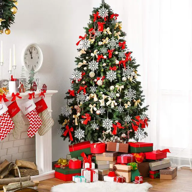 Alt view image 4 of 7 - 40Pcs White Glitter Snowflake Winter Snowflake Ornaments Christmas Hanging Decorations with 197 Inches Silver Rope for Wedding Birthday Home Xmas Tree Window Door Accessories