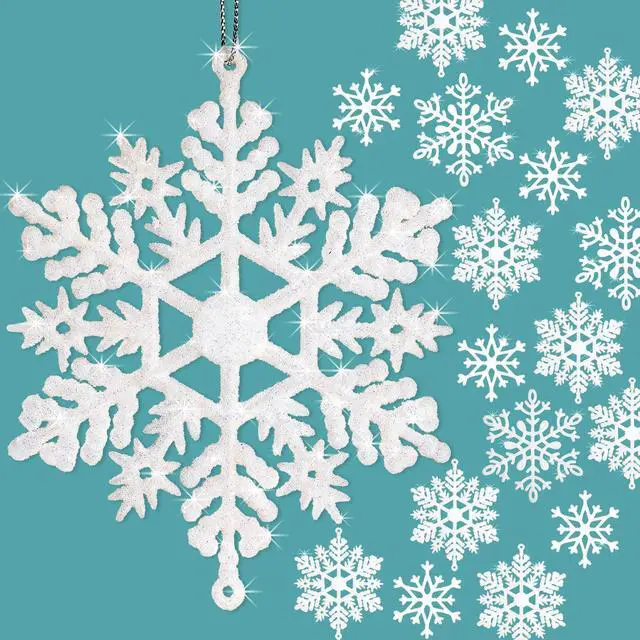 Alt view image 3 of 7 - 40Pcs White Glitter Snowflake Winter Snowflake Ornaments Christmas Hanging Decorations with 197 Inches Silver Rope for Wedding Birthday Home Xmas Tree Window Door Accessories