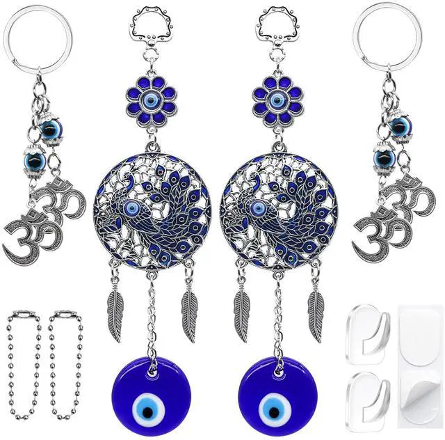 Main image of Evil Eye Car Charm Key Chain Car Hanging Accessories 4 Pack - Turkish Evil Eye Wall Decor Nazar Amulet Boncugu Peacock Hindu OM Diwali Decor Home Window Door Entryway Shrine Spiritual Ornaments