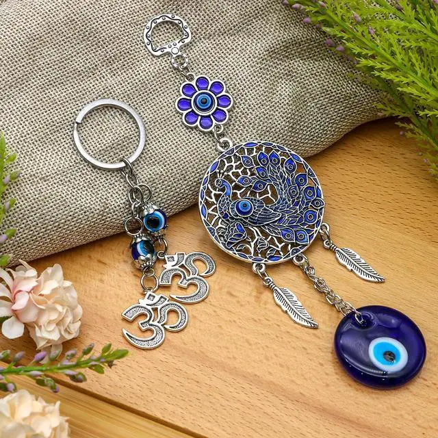 Alt view image 4 of 7 - Evil Eye Car Charm Key Chain Car Hanging Accessories 4 Pack - Turkish Evil Eye Wall Decor Nazar Amulet Boncugu Peacock Hindu OM Diwali Decor Home Window Door Entryway Shrine Spiritual Ornaments