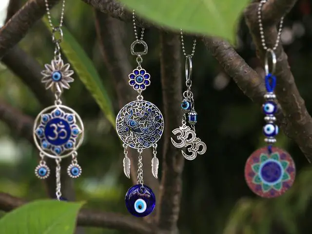 Alt view image 7 of 7 - Evil Eye Car Charm Key Chain Car Hanging Accessories 4 Pack - Turkish Evil Eye Wall Decor Nazar Amulet Boncugu Peacock Hindu OM Diwali Decor Home Window Door Entryway Shrine Spiritual Ornaments