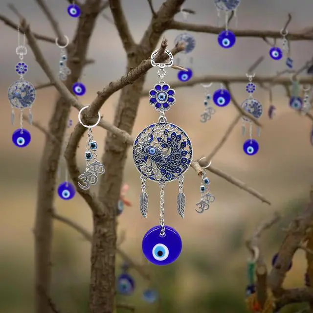 Alt view image 6 of 7 - Evil Eye Car Charm Key Chain Car Hanging Accessories 4 Pack - Turkish Evil Eye Wall Decor Nazar Amulet Boncugu Peacock Hindu OM Diwali Decor Home Window Door Entryway Shrine Spiritual Ornaments