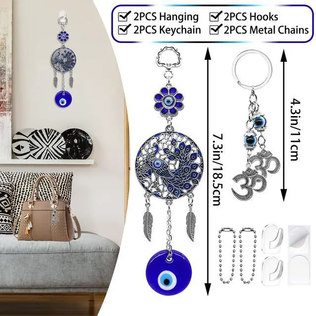 Alt view image 5 of 7 - Evil Eye Car Charm Key Chain Car Hanging Accessories 4 Pack - Turkish Evil Eye Wall Decor Nazar Amulet Boncugu Peacock Hindu OM Diwali Decor Home Window Door Entryway Shrine Spiritual Ornaments