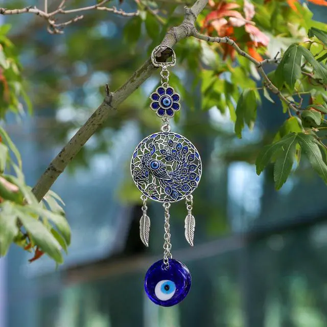 Alt view image 3 of 7 - Evil Eye Car Charm Key Chain Car Hanging Accessories 4 Pack - Turkish Evil Eye Wall Decor Nazar Amulet Boncugu Peacock Hindu OM Diwali Decor Home Window Door Entryway Shrine Spiritual Ornaments