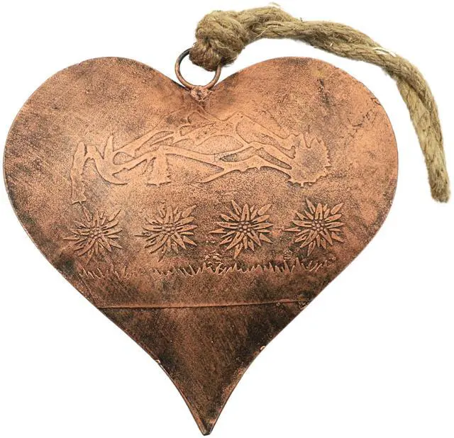 Main image of Vintage Copper Heart-Shaped Hanging Ornament Floral Engraved Metal Decor with Jute Rope, Farmhouse Art or Christmas Tree Decoration -7.5 Inches