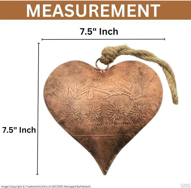Alt view image 2 of 5 - Vintage Copper Heart-Shaped Hanging Ornament Floral Engraved Metal Decor with Jute Rope, Farmhouse Art or Christmas Tree Decoration -7.5 Inches