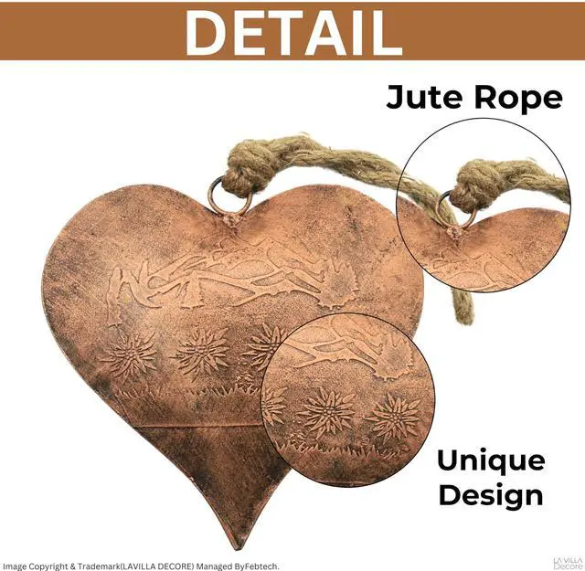 Alt view image 3 of 5 - Vintage Copper Heart-Shaped Hanging Ornament Floral Engraved Metal Decor with Jute Rope, Farmhouse Art or Christmas Tree Decoration -7.5 Inches