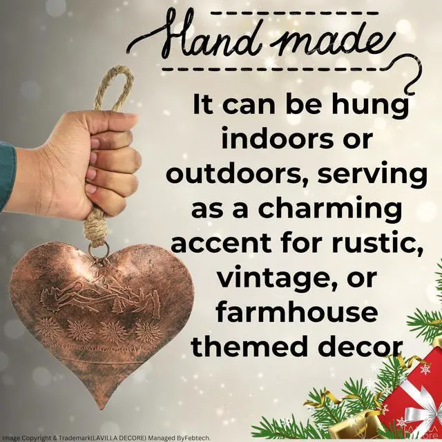 Alt view image 5 of 5 - Vintage Copper Heart-Shaped Hanging Ornament Floral Engraved Metal Decor with Jute Rope, Farmhouse Art or Christmas Tree Decoration -7.5 Inches