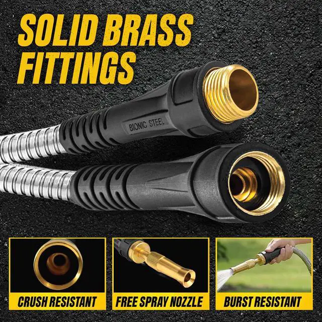 Alt view image 6 of 7 - PRO 50 Ft Metal Garden Hose with Nozzle, Water Hose Made from Heavy Duty 304 Stainless Steel, Flexible, Lightweight, Brass Fittings, Non Kinking, 500 PSI