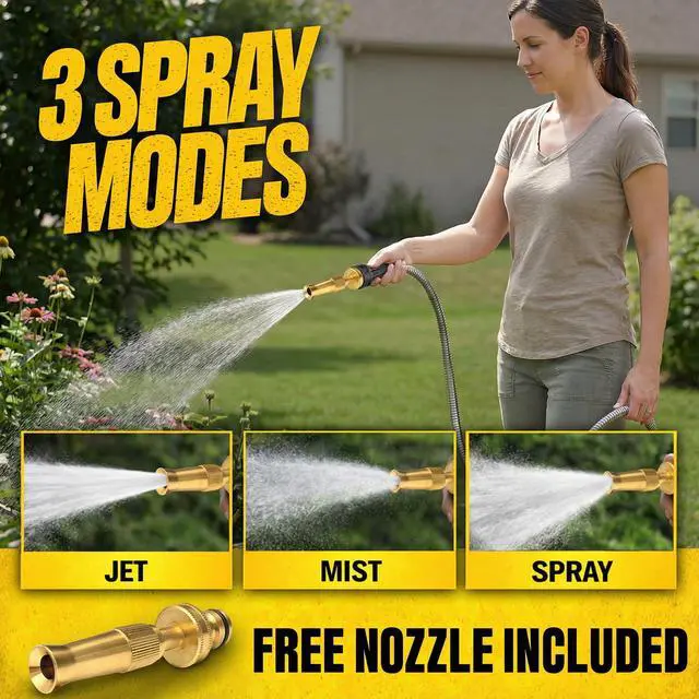 Alt view image 7 of 7 - PRO 50 Ft Metal Garden Hose with Nozzle, Water Hose Made from Heavy Duty 304 Stainless Steel, Flexible, Lightweight, Brass Fittings, Non Kinking, 500 PSI