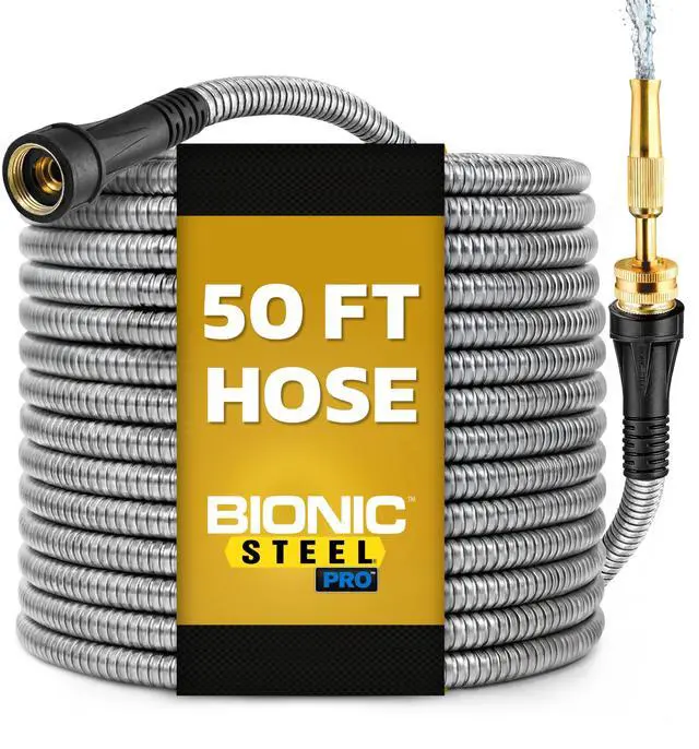 Main image of PRO 50 Ft Metal Garden Hose with Nozzle, Water Hose Made from Heavy Duty 304 Stainless Steel, Flexible, Lightweight, Brass Fittings, Non Kinking, 500 PSI