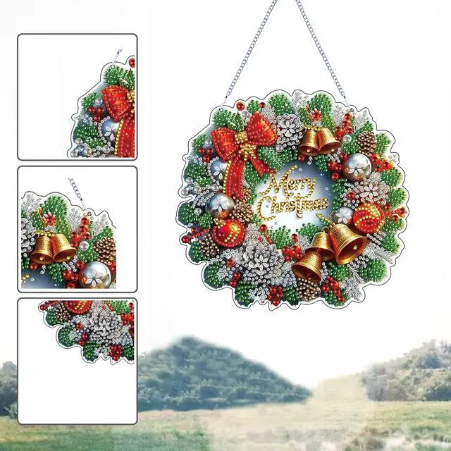 Alt view image 4 of 7 - Christmas Wreath Diamond Art Hanging Kit for Adults, DIY Diamonds Painting Door Hanger Board Kit, Special Acrylic Diamond Art Painting Pendant Ornament (Christmas Wreath)