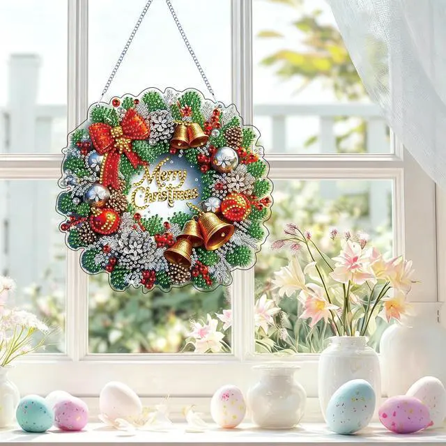 Alt view image 2 of 7 - Christmas Wreath Diamond Art Hanging Kit for Adults, DIY Diamonds Painting Door Hanger Board Kit, Special Acrylic Diamond Art Painting Pendant Ornament (Christmas Wreath)