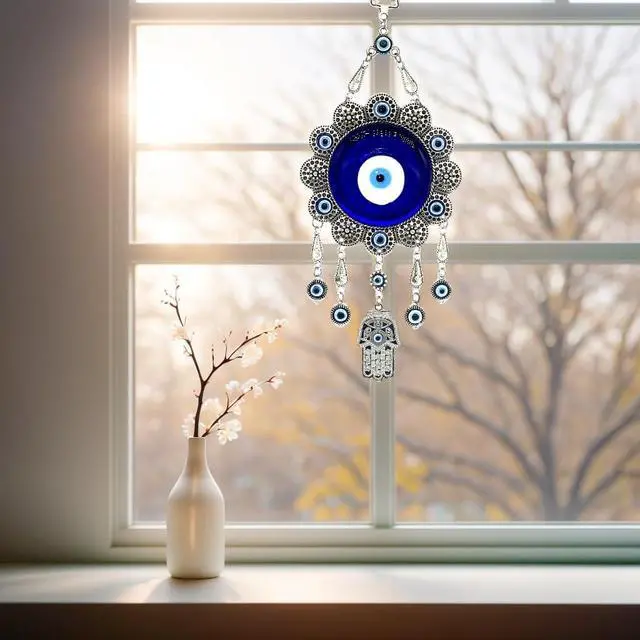 Alt view image 4 of 7 - Blue Evil Eye with Hamsa Hand Protection Wall Hanging Ornament Decor Sunflower Design (with a Betterdecor Pouch)-006