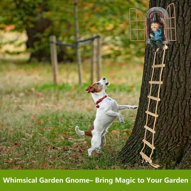 Alt view image 2 of 7 - Garden Gnomes Decoration Outdoor Tree Faces Decor with Hanging Ladder for Yard, Elf Out The Door Tree Hugger Figurine Resin Garden Sculpture Ornament Whimsical Gnome Decor for Patio Yard Lawn
