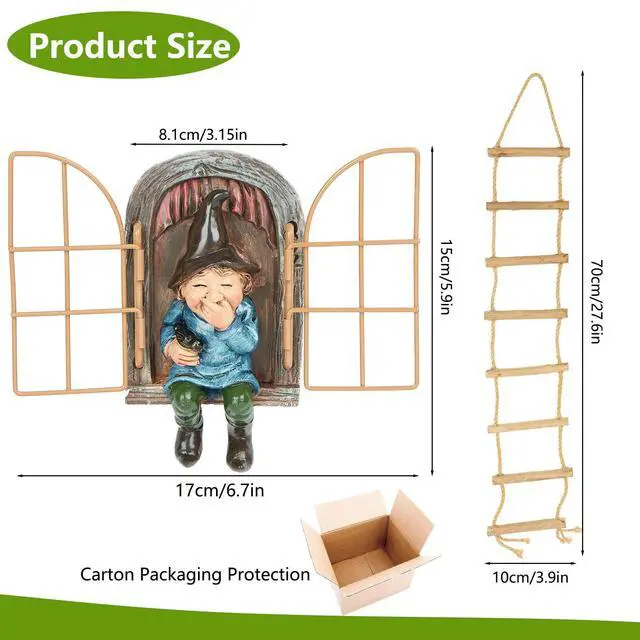 Alt view image 3 of 7 - Garden Gnomes Decoration Outdoor Tree Faces Decor with Hanging Ladder for Yard, Elf Out The Door Tree Hugger Figurine Resin Garden Sculpture Ornament Whimsical Gnome Decor for Patio Yard Lawn