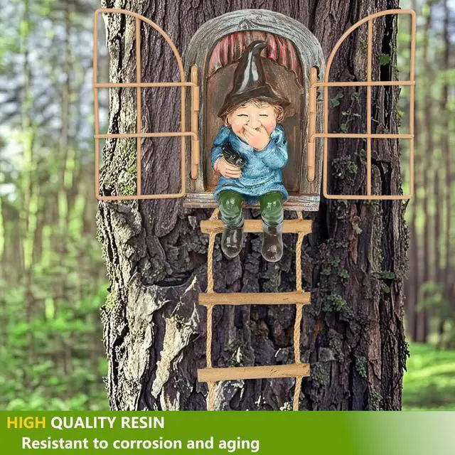 Alt view image 4 of 7 - Garden Gnomes Decoration Outdoor Tree Faces Decor with Hanging Ladder for Yard, Elf Out The Door Tree Hugger Figurine Resin Garden Sculpture Ornament Whimsical Gnome Decor for Patio Yard Lawn
