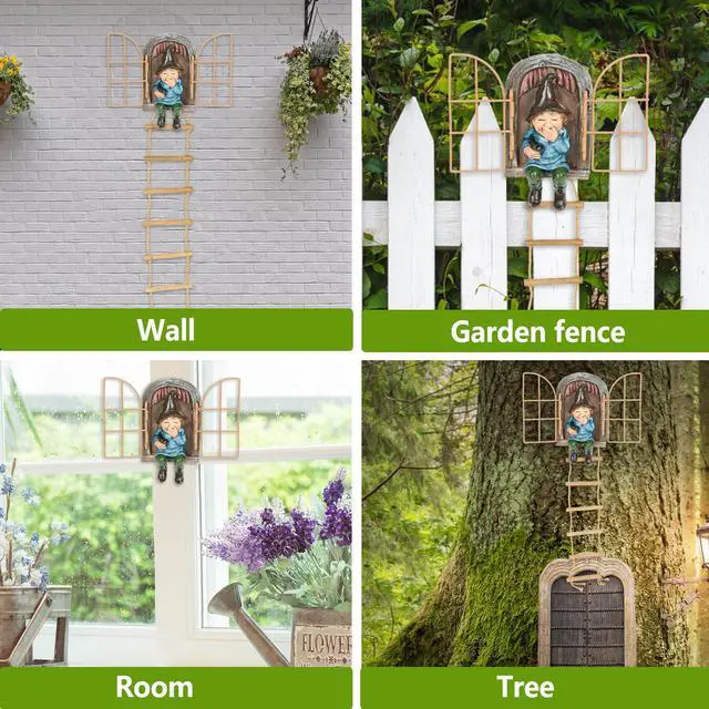 Alt view image 5 of 7 - Garden Gnomes Decoration Outdoor Tree Faces Decor with Hanging Ladder for Yard, Elf Out The Door Tree Hugger Figurine Resin Garden Sculpture Ornament Whimsical Gnome Decor for Patio Yard Lawn
