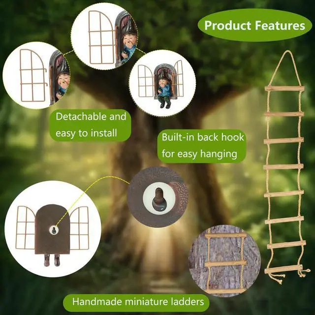 Alt view image 7 of 7 - Garden Gnomes Decoration Outdoor Tree Faces Decor with Hanging Ladder for Yard, Elf Out The Door Tree Hugger Figurine Resin Garden Sculpture Ornament Whimsical Gnome Decor for Patio Yard Lawn