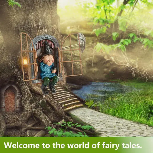 Alt view image 6 of 7 - Garden Gnomes Decoration Outdoor Tree Faces Decor with Hanging Ladder for Yard, Elf Out The Door Tree Hugger Figurine Resin Garden Sculpture Ornament Whimsical Gnome Decor for Patio Yard Lawn