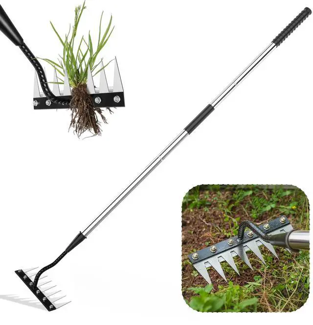 Main image of Iron Weeding Rake with Long Handle 2.0, Upgraded 8 Teeths Garden Weed Puller Tool Heavy Duty Gardening Tool for Lawn, Flower Beds & Soil Aeration