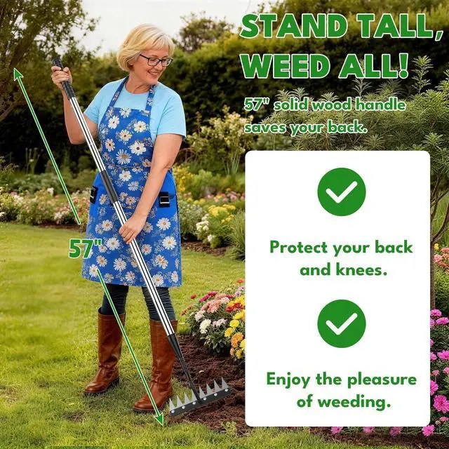 Alt view image 2 of 7 - Iron Weeding Rake with Long Handle 2.0, Upgraded 8 Teeths Garden Weed Puller Tool Heavy Duty Gardening Tool for Lawn, Flower Beds & Soil Aeration