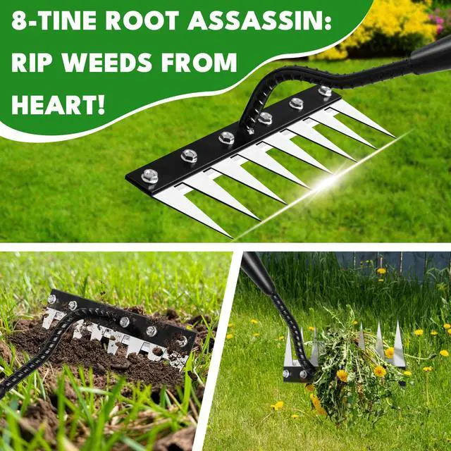 Alt view image 4 of 7 - Iron Weeding Rake with Long Handle 2.0, Upgraded 8 Teeths Garden Weed Puller Tool Heavy Duty Gardening Tool for Lawn, Flower Beds & Soil Aeration